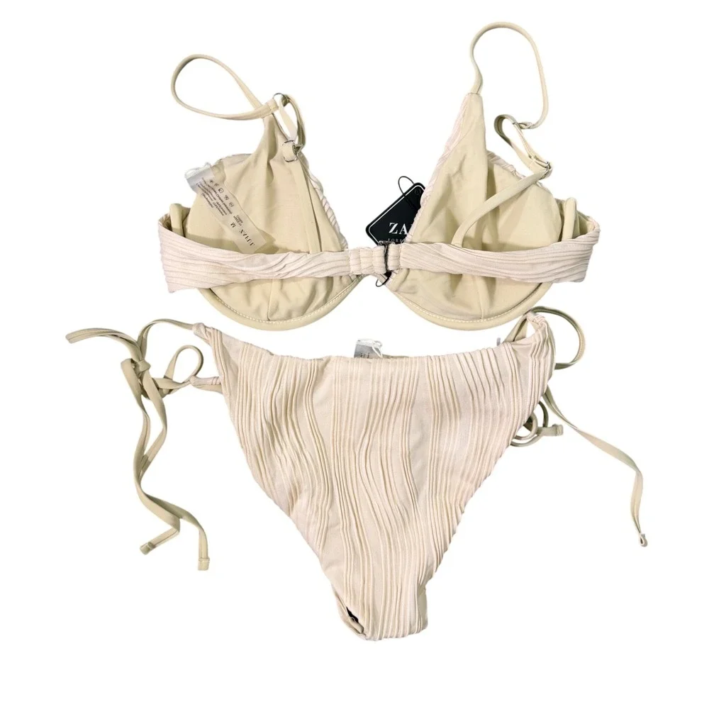 NWT‎ ZAFUL Ribbed Underwire Bikini Set Cream Side Tie Thong Medium